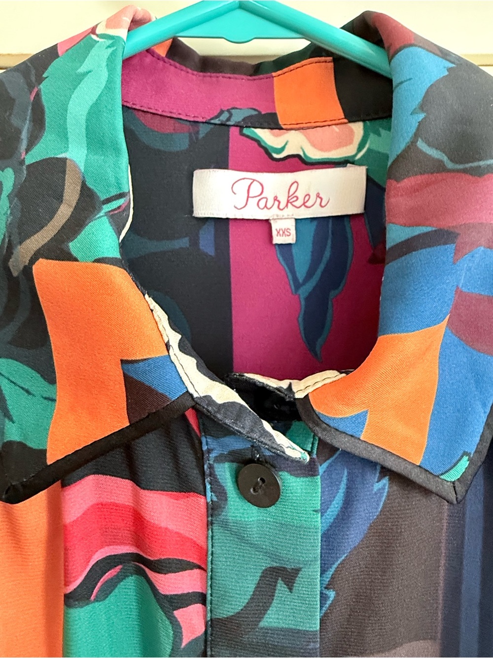 Parker Multicolor Floral Stripe Button-Up — Teal, Navy, Pink & Orange
